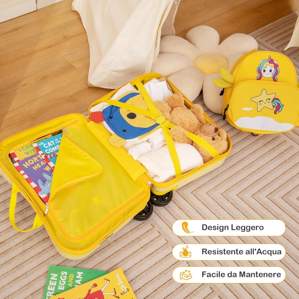 Valigia Cavalcabile per Bambini, 18" Valigia+ 12" Zaino,2 Pezzi, Trolley Bambini Bagaglio a Mano con Ruote Girevoli e Maniglia Retrattile, 2 Cingie Multiuso (Modello 3)