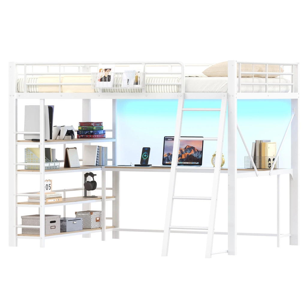 Letto a Soppalco Matrimoniale 140x200 cm; Scrivania; USB; LED e Mensole; Bianco