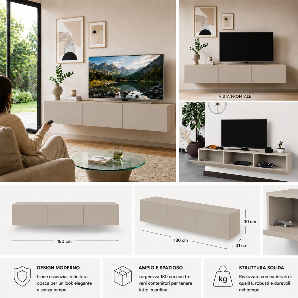 Mobile TV sospeso 180 x 30 cm FRANCY Sabbia con 3 Ante a ribalta Porta TV parete