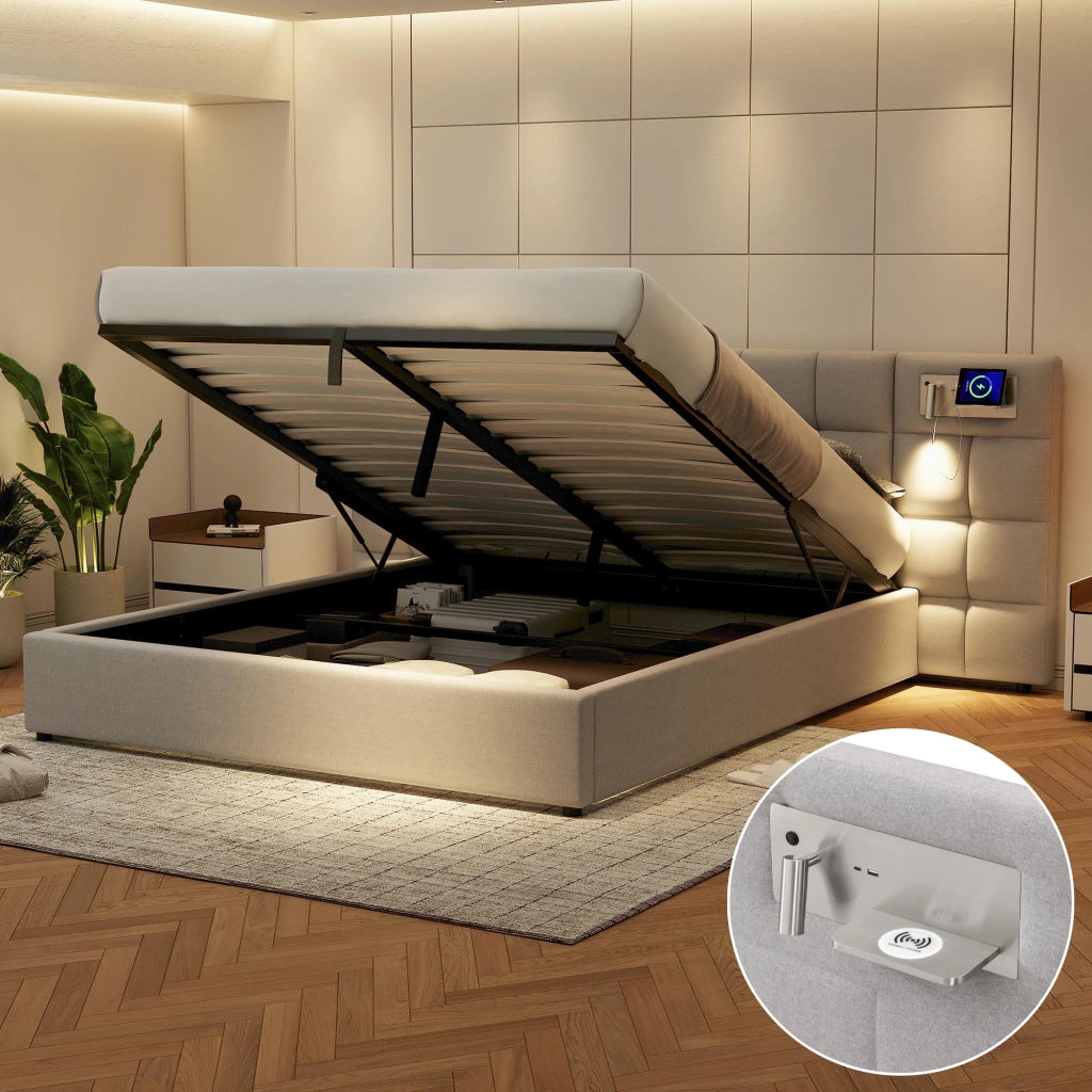 Letto imbottito 180x200 cm con USB, ricarica wireless, luce integrata e contenitore idraulico, grigio