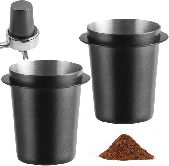 Set di dosatori per caffè con manico - 58 mm - Acciaio inossidabile - Filtro per polvere - Adatto per macchina per espresso - Nero - 2 pezzi