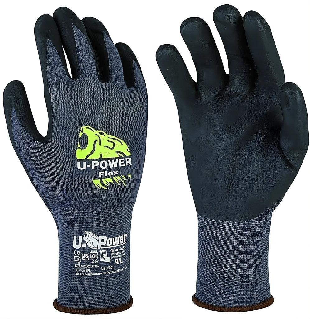 U-Power GUANTI DA LAVORO FLEX IN NYLON/NITRILE Col. Grigio/Nero tg. 10 12.00 paia