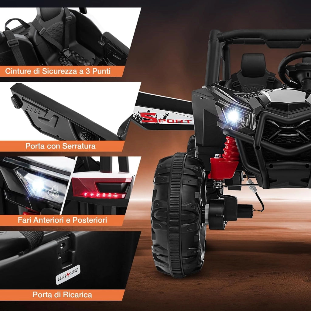 24V UTV Macchina Elettrica per Bambini, Veicolo Elettrico con 2 Posti Motore 4x100W, con Telecomando Partenza Morbida Musica, Velocità Regolabile, 3 Anni+