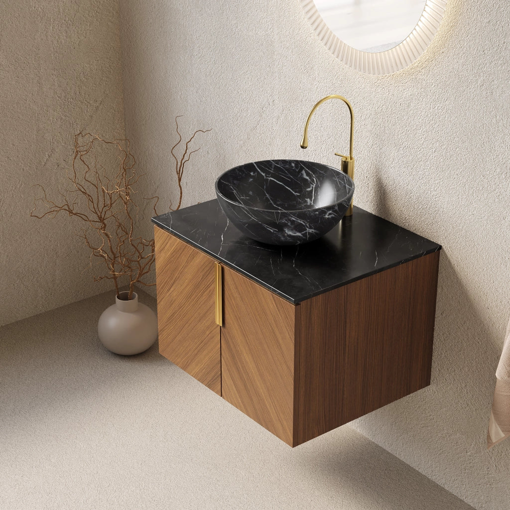 Mobile sottolavabo da bagno con lavabo in ceramica nero, 2 ante e piano in pietra sinterizzata, per bagno