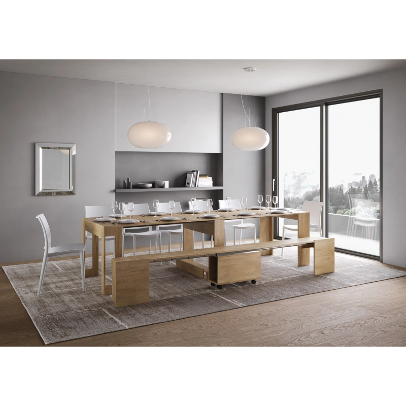 Consolle allungabile 90x42/302 Evolve con Panca inferiore 72x26/300 - Quercia Natura