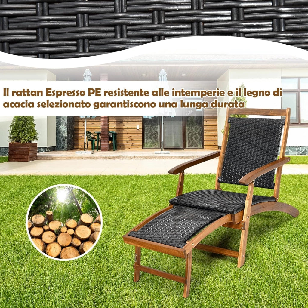 Sedia a Sdraio da Esterno con Poggiapiedi Telescopico, Schienale e Sedile in Rattan, Poltrona Pieghevole con Struttura in Legno Massello per Giardino, Cortile, Portata 160 kg
