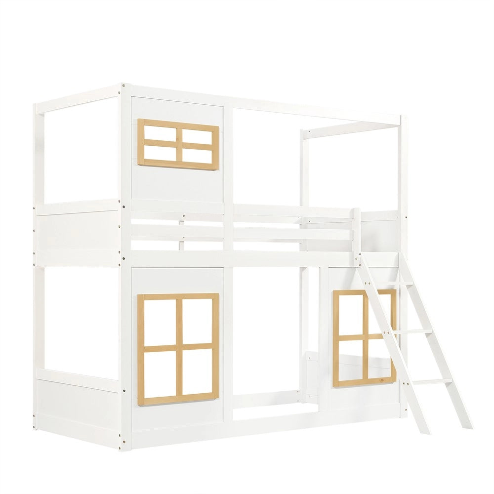Letto a Castello per Bambini con Finestra e Scaletta ¨C MINIMAL ¨C Pino/MDF/Multistrato, Bianco, 90x200