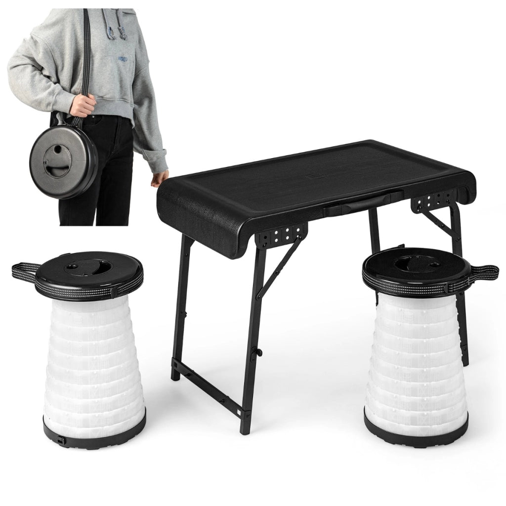 Set campeggio pieghevole da 3 pezzi con tavolo e sgabelli LED, Tavolino e sedie portatili e leggeri Nero-Tavoli e sedie da campeggio