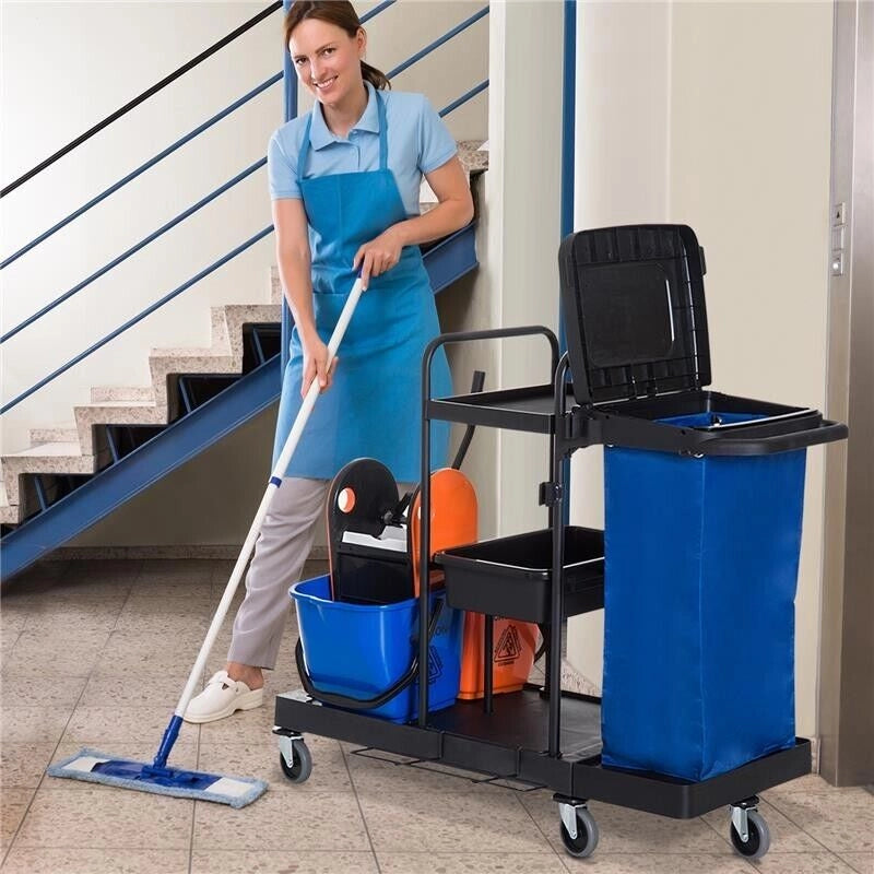 CARRELLO PULIZIE PROFESSIONALE MULTIUSO CON 2 SECCHI CAPACITÀ 18L E RUOTE BLU