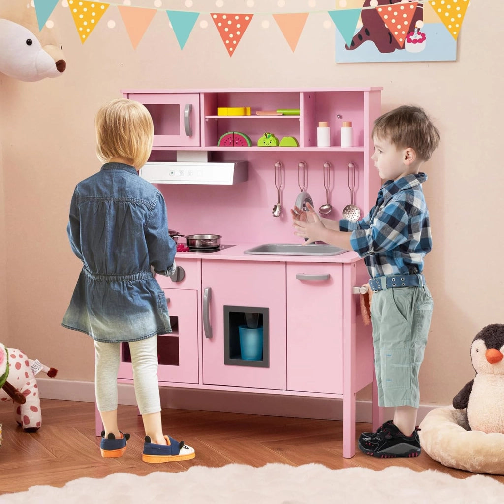 Cucina Giocattolo per Bambini in Legno, Cucina per Bambini con Microonde, Cappa Aspirante, Forno, Macchina del Ghiaccio, Lavello e Rubinetto, Manopole con Suoni, per 3-6 Anni (Rosa)
