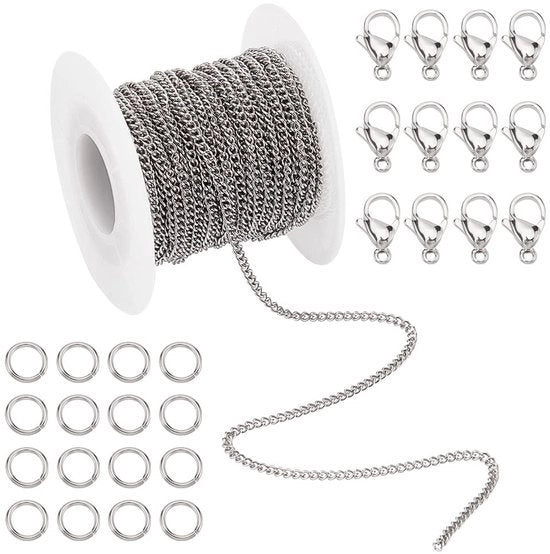 Catena in Acciaio Inossidabile 10 m - Con 30 Fili di Sospensione - 20 Chiavi di Sospensione - Accessori per Oreficeria - Per Attività di Ricamo - Catena per Oreficeria