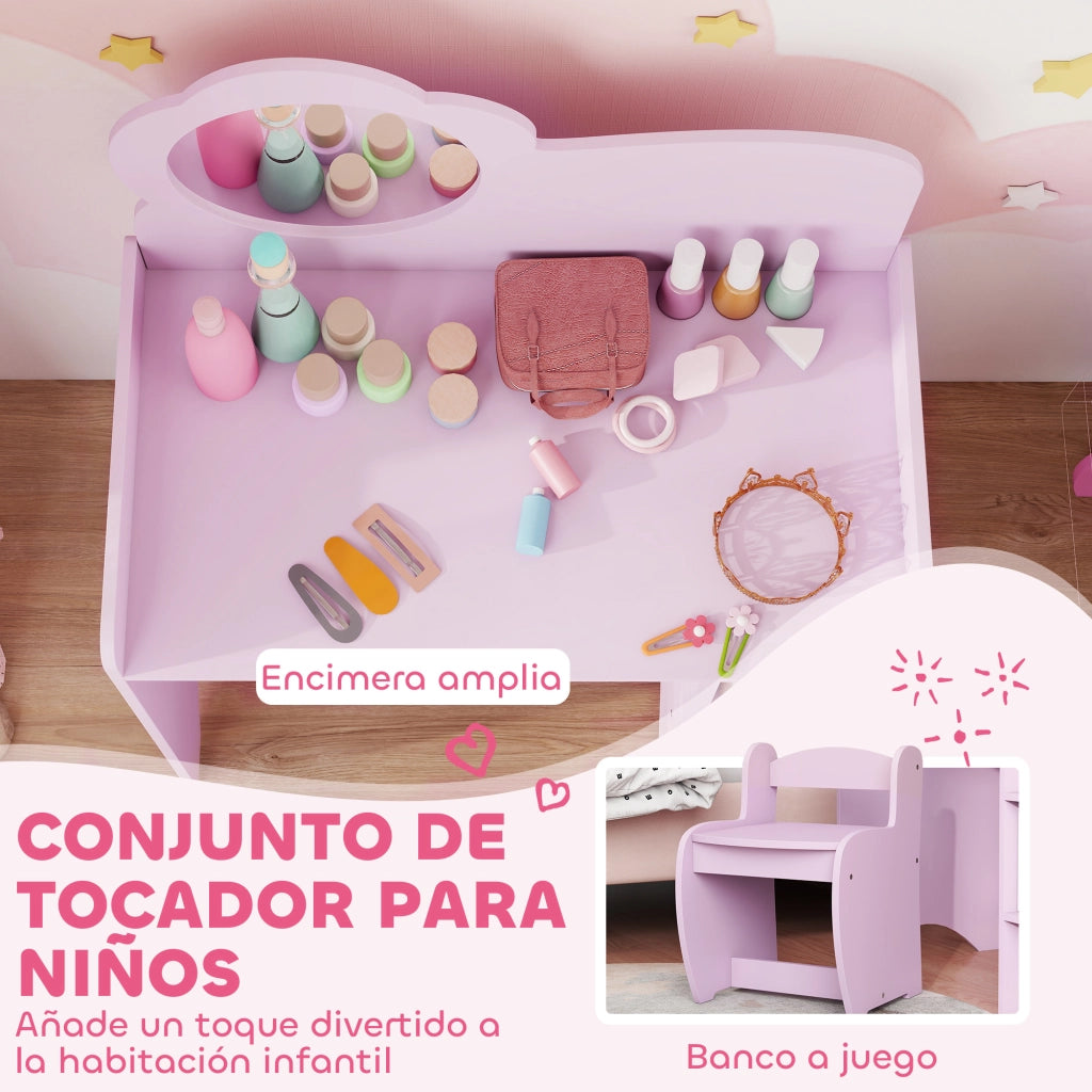 Tavolino da trucco con specchio a forma di fiore e sgabello ¨C Xylo ¨C Rosa con scaffale