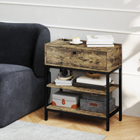 Tavolino da Soggiorno Stile Industriale 60x30x665 cm con Cassetto e Ripiani in Legno e Metallo Nero