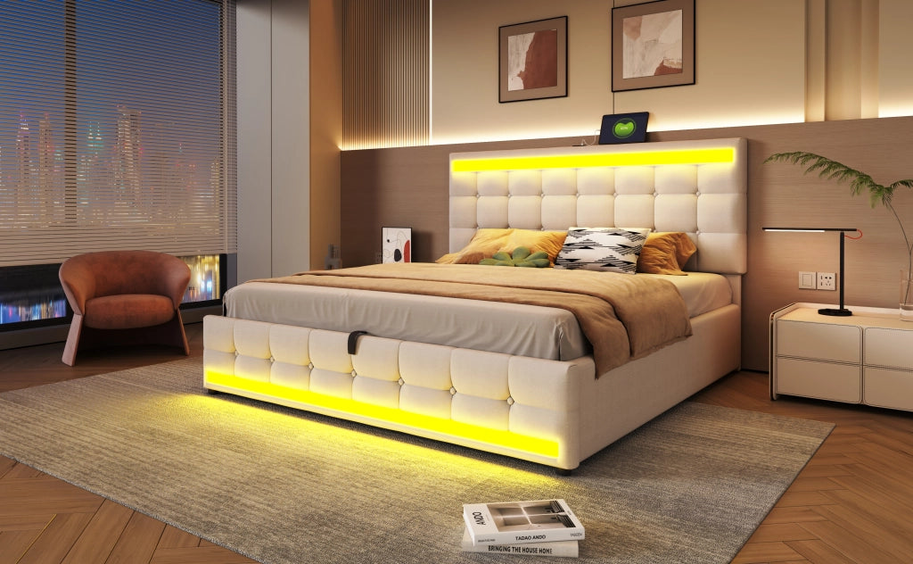DESMIU Letto Imbottito 180 × 200 cm 2 posti con USB, LED regolabile e testiera regolabile, senza materasso, beige