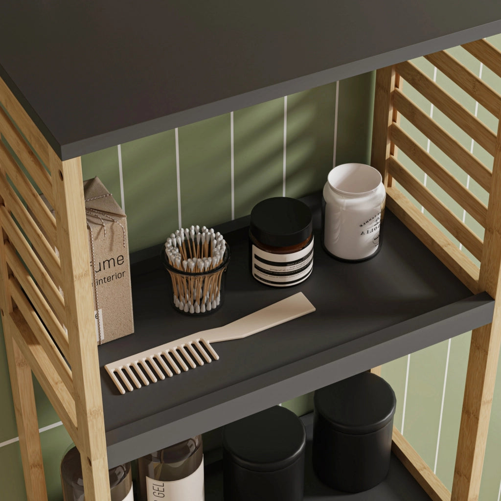 Scaffale da Bagno Kydesby in Bambù con 5 Ripiani Aperti e Scomparto ad Anta 170 x 39 x 30 cm - Naturale / Grigio [en.casa]