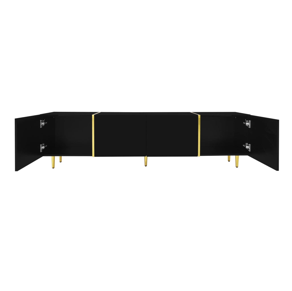 Mobile TV moderno in MDF nero lucido con 4 ante e dettagli oro; 170x35x46 cm