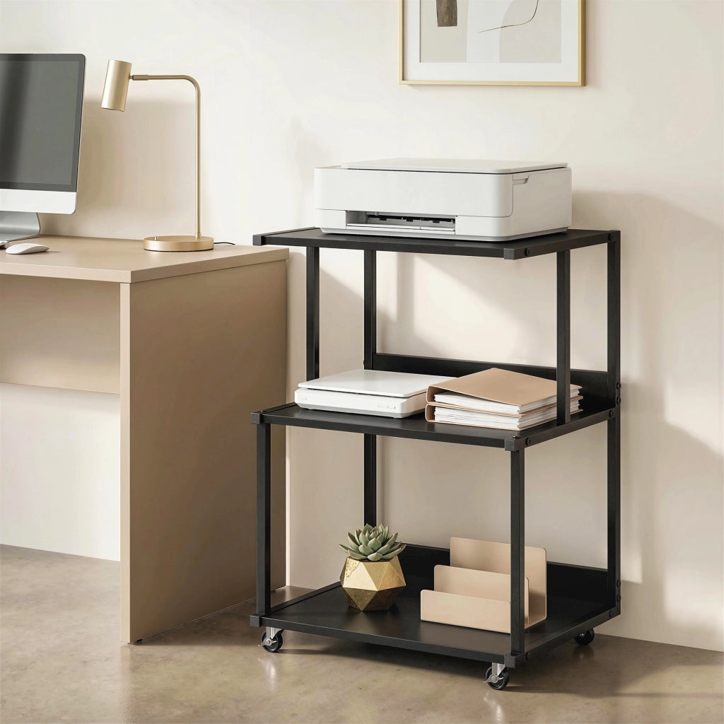 Tavolino industriale con ruote ¨C zephmum ¨C nero, metallo, 3 livelli