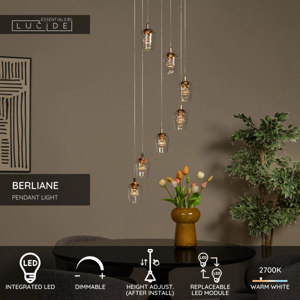Lampada sospesa BERLIANE 7x LED vetro oro nero Lucide