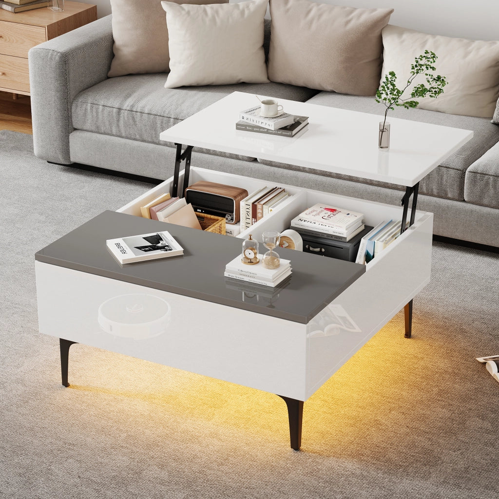 Tavolino alzabile con LED; vani e cassetto - per soggiorno - MDF - 70×70×35 cm - bianco