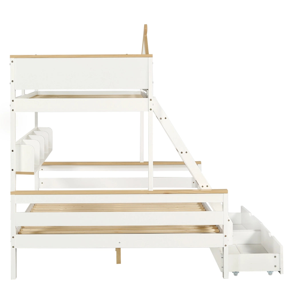 Letto a castello 90x200 cm e 140x200 cm con finestre; scala a 4 gradini e cassetti; bianco naturale