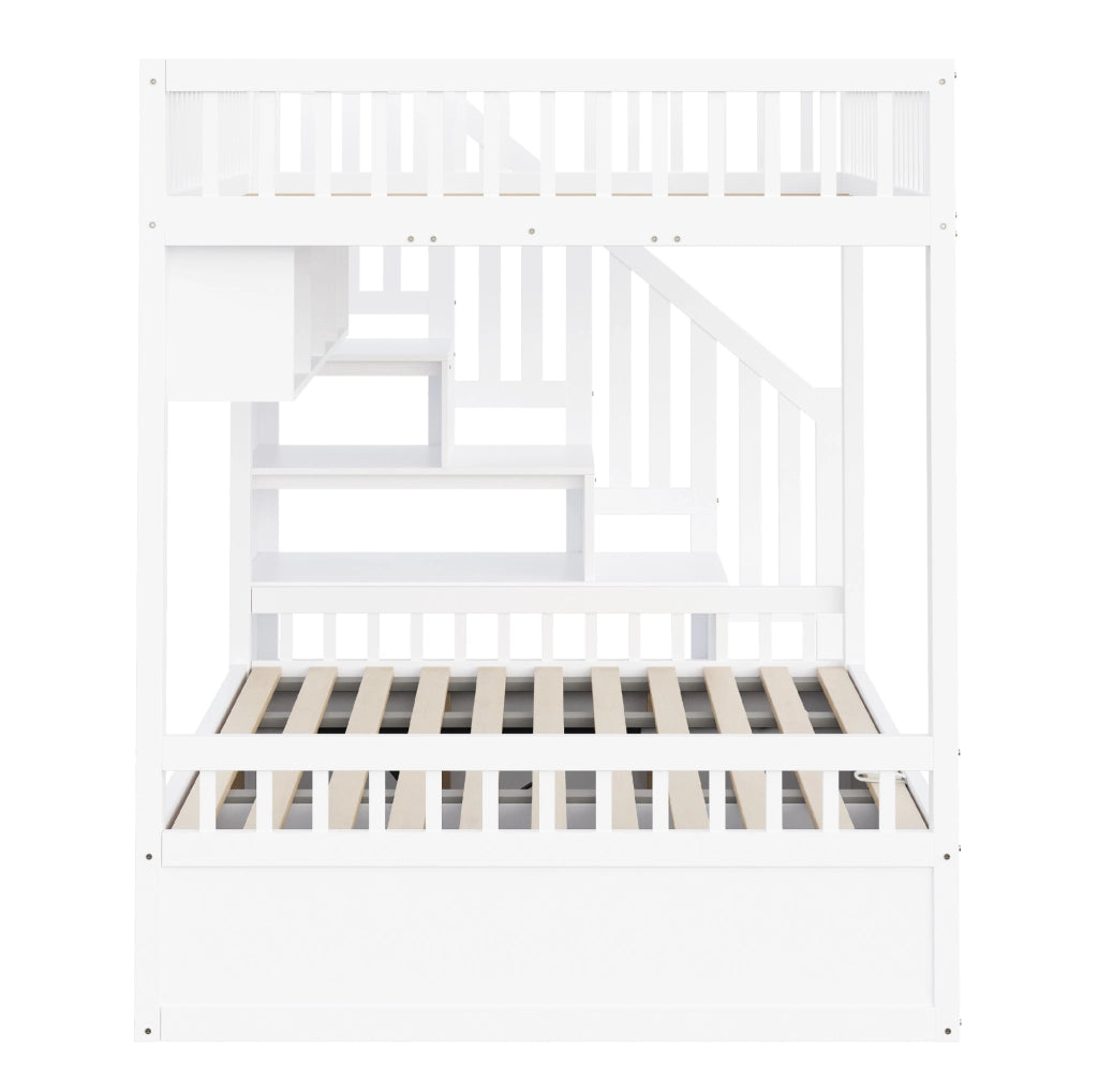 Letto a soppalco 140x200 cm con contenitore idraulico, scala contenitore e scaffali bianco