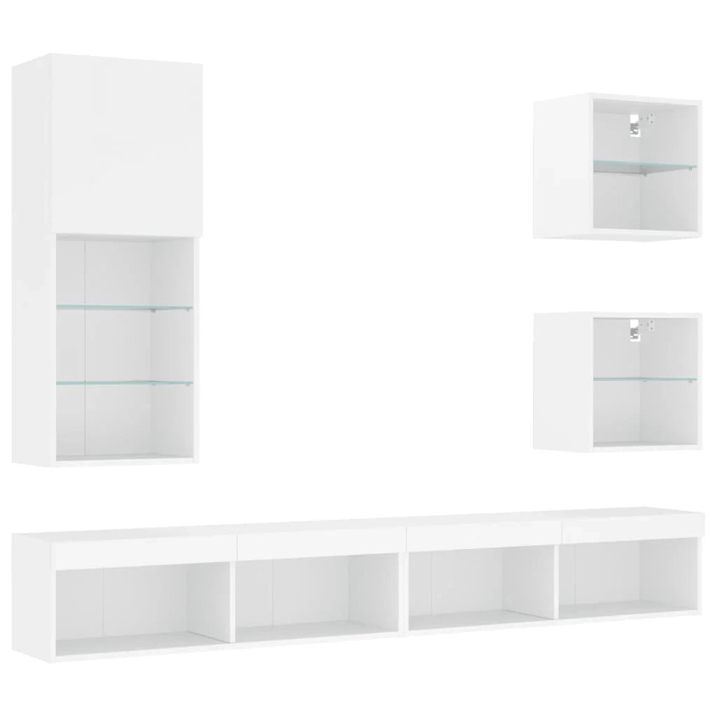 Mobile TV multimediale scaffale TV credenza mobile TV sala da pranzo soggiorno camera da letto con illuminazione a LED 5 pezzi legno ingegnerizzato bianco 02_0029377