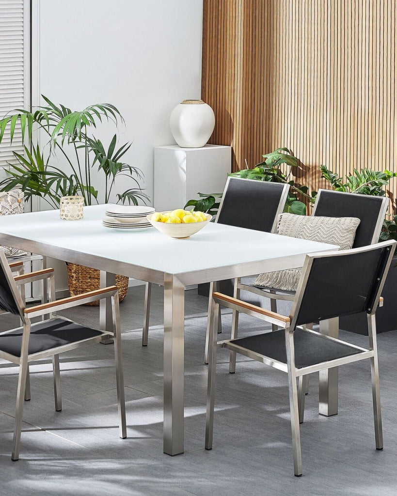Set di 6 Sedie da Pranzo da Giardino Seduta in Tessuto Nero e Argento Gambe in Acciaio Inox Impilabili per Esterno