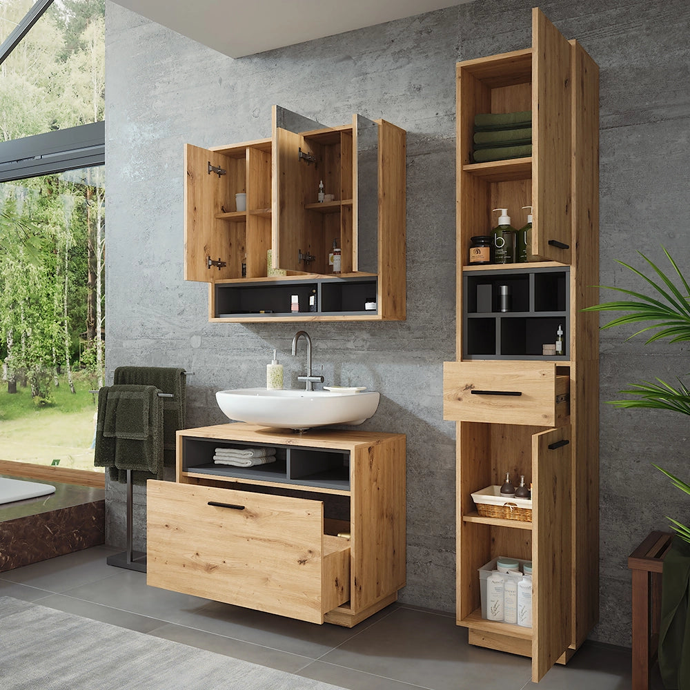 Vicco Set di mobili da bagno Rovere artigianale/antracite 3 parti con colonna