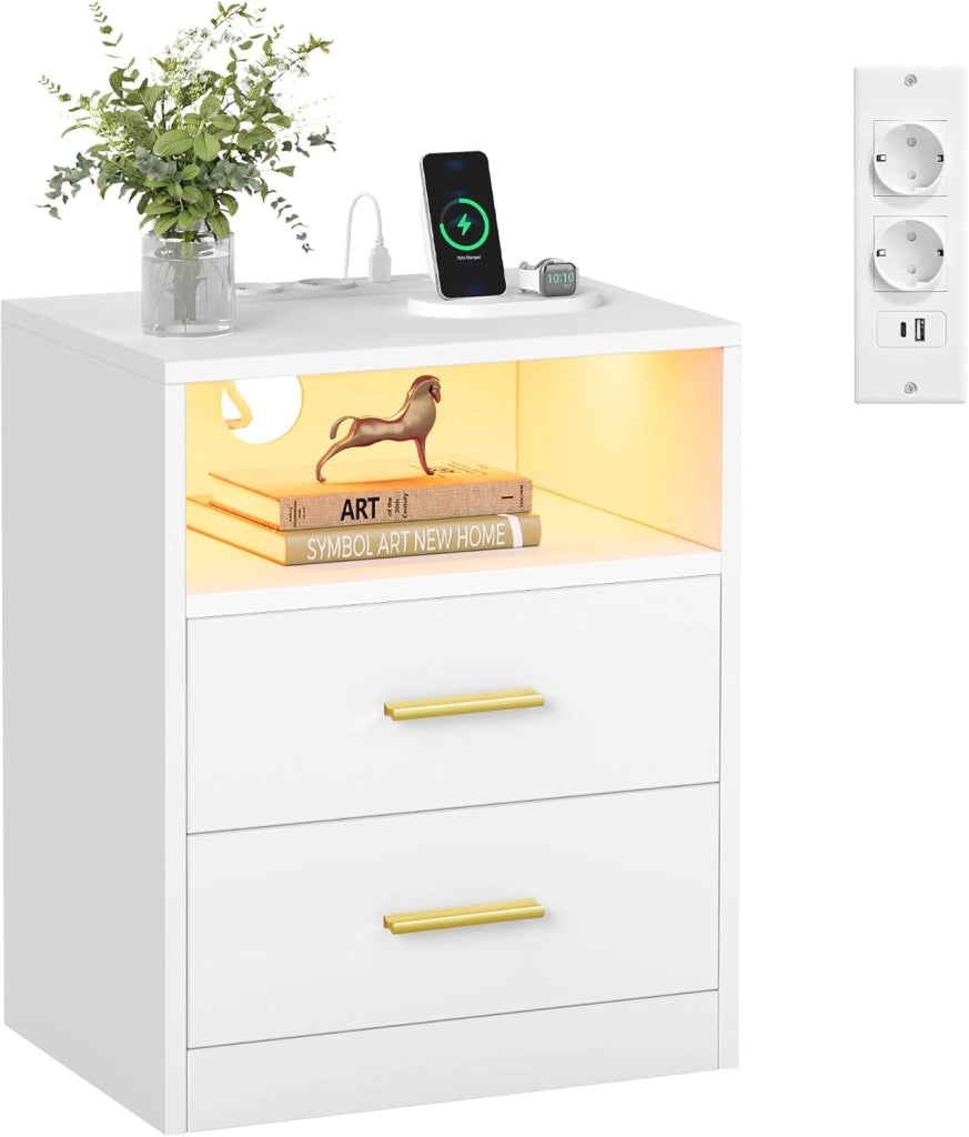 VASAGLE CUSTOS Collezione - Set di 2 Comodini con Stazione di Ricarica, Luce LED, Tavolini Moderni con Cassetti, Ripiano Aperto, 2 Prese AC e Porte USB, Bianco Nuvola LET829WB01