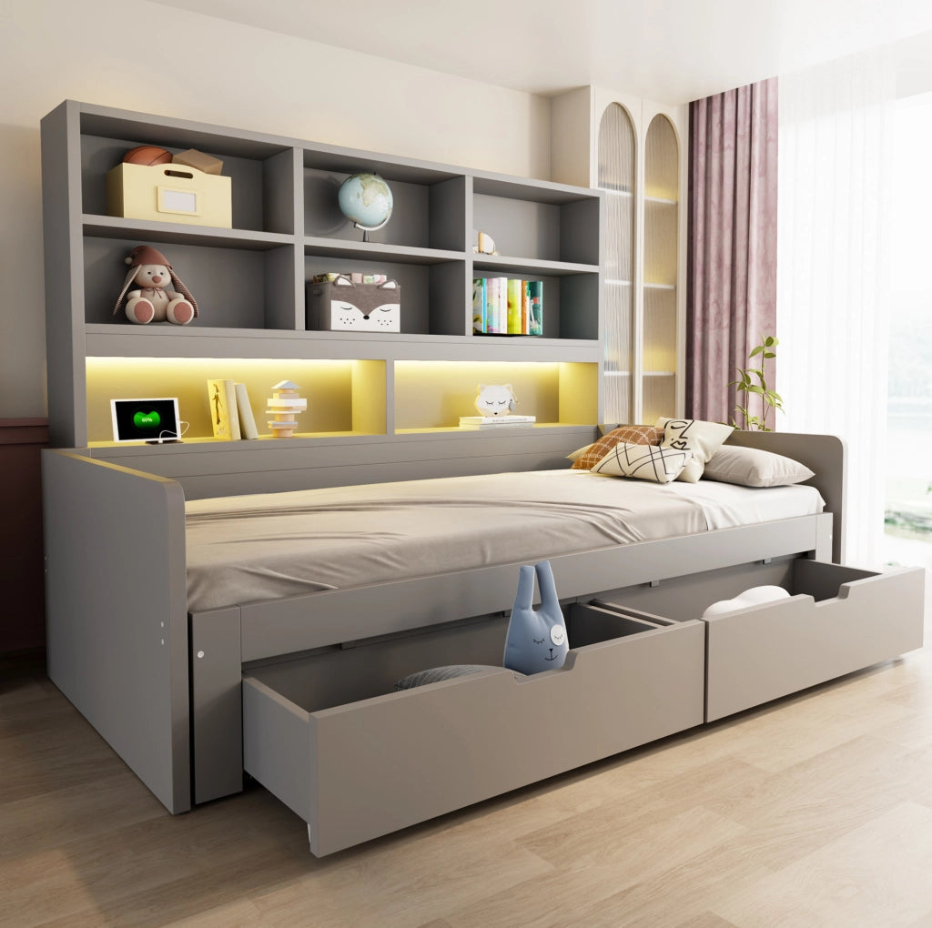 Letto multifunzionale 90/180 x 200 cm in MDF grigio con LED; prese; cassetti e vani aperti