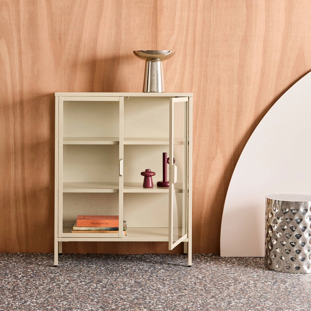 Vetrina in acciaio e vetro temperato con 2 ante, 102cm, beige