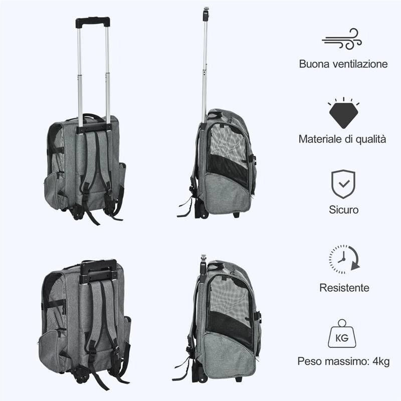 TRASPORTINO ZAINO 2 IN 1 PER CANI E GATTI CON TASCHE LATERALI, MANIGLIA TELESCOPICA E RUOTE, 42X25X55CM, GRIGIO