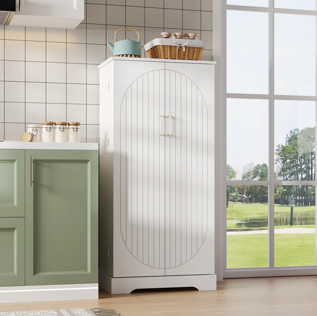 Credenza da cucina 60x35x128 cm bianca in PB e MDF con luce LED USB e ripiani regolabili