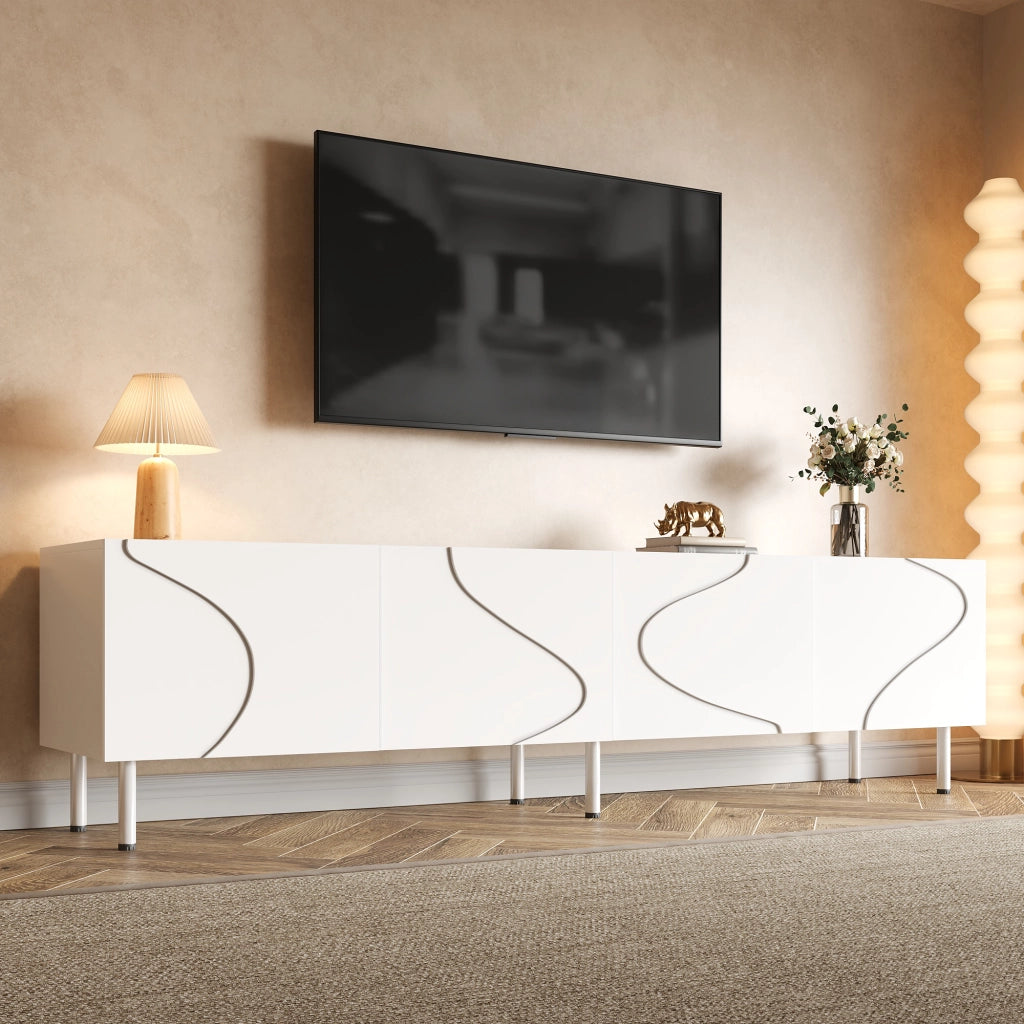 Mobile TV, finitura aerodinamica, ante ad apertura a pressione, in truciolato e MDF, gambe in metallo, bianco