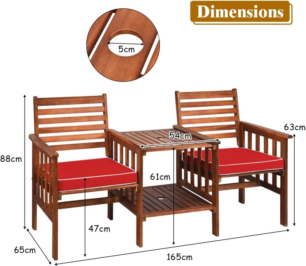 Set di 2 Sedie con Cuscini e Tavolo in Legno di Acacia, Foro per Ombrellone da 5 cm, Set di Mobili per Esterni da Bistro da Giardino (Rooso)