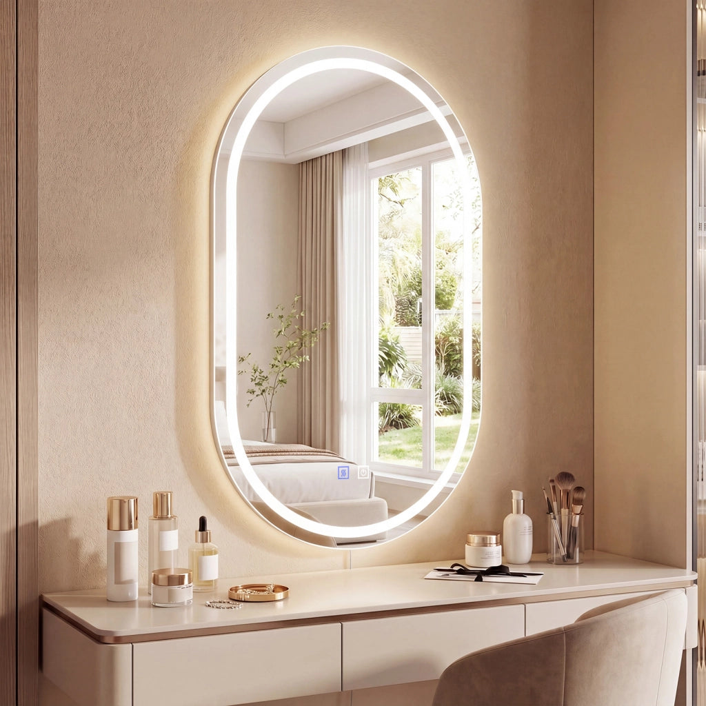 Specchio ovale da bagno con luce led e cornice metallo, Specchio da parete per bagno 50 x 80 cm