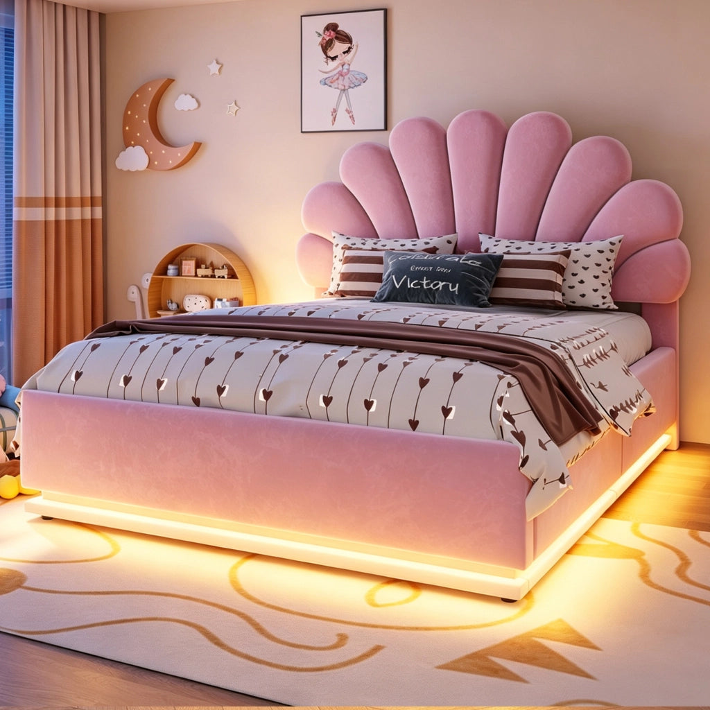 Letto contenitore matrimoniale 140×200 cm con testiera imbottita; LED e rete sollevabile; senza materasso; rosa
