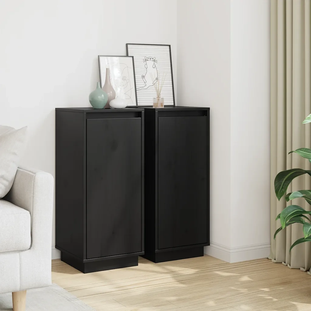 Credenze 2 pz | Madia | Buffet da pranzo | Armadio da pranzo Nere 31,5x34x75 cm in Legno Massello di Pino