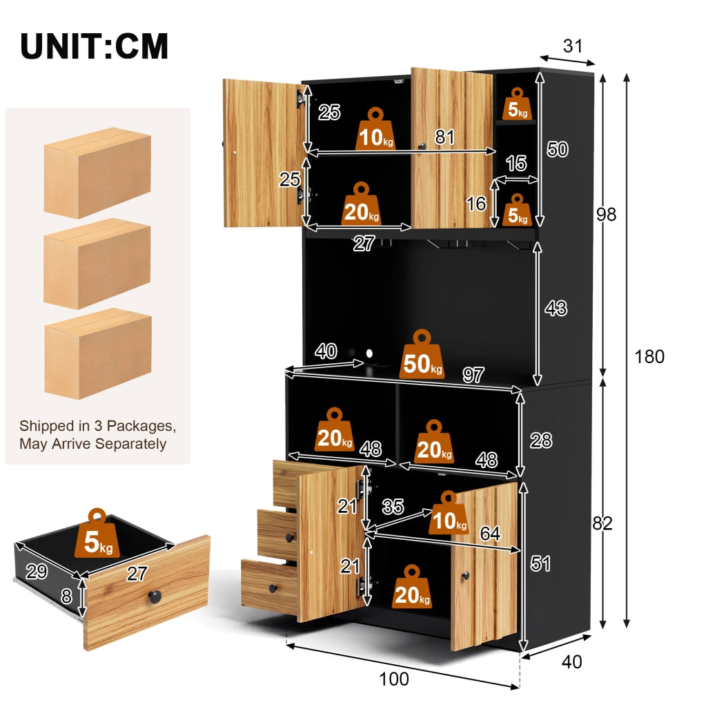 Credenza cucina 100x40x180 cm con LED; prese e portabottiglie in MDF nero e naturale
