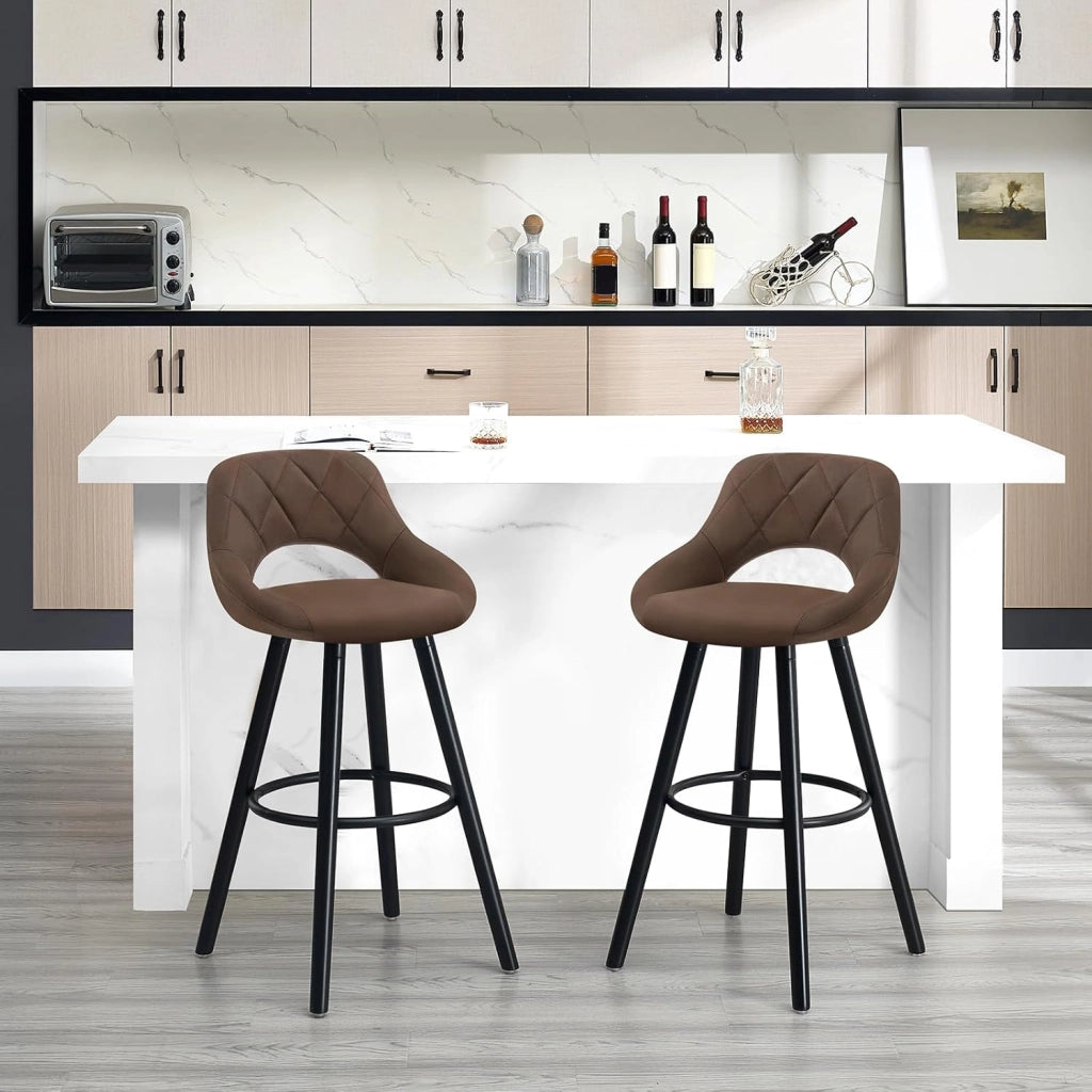 Sgabelli da Cucina Set di 2, Sgabello da Bar per Colazione, Sgabelli Alti con Poggiapiedi e Schienale, Sedile in Tessuto Tecnico+Gambe in Legno, Marrone Scuro, BH291dbr-2