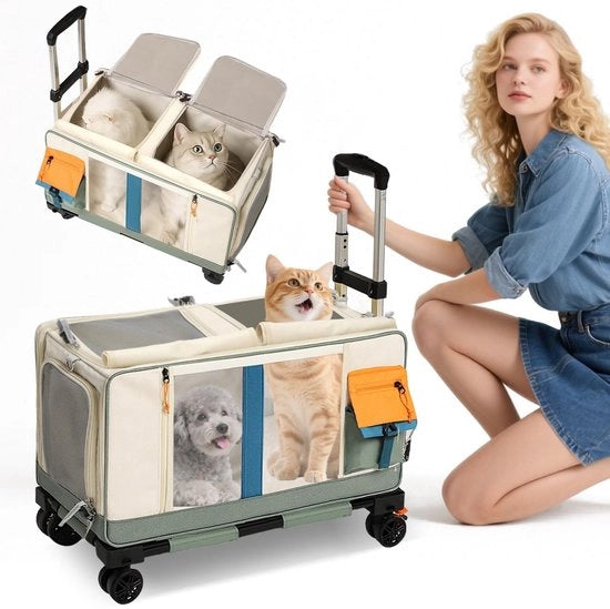 Carrello di trasporto pieghevole con ruote - Adatto per 2 gatti - Cinturone di sicurezza - Spaziale - Dimensioni 61 x 33 x 35 cm - Trasporto animali