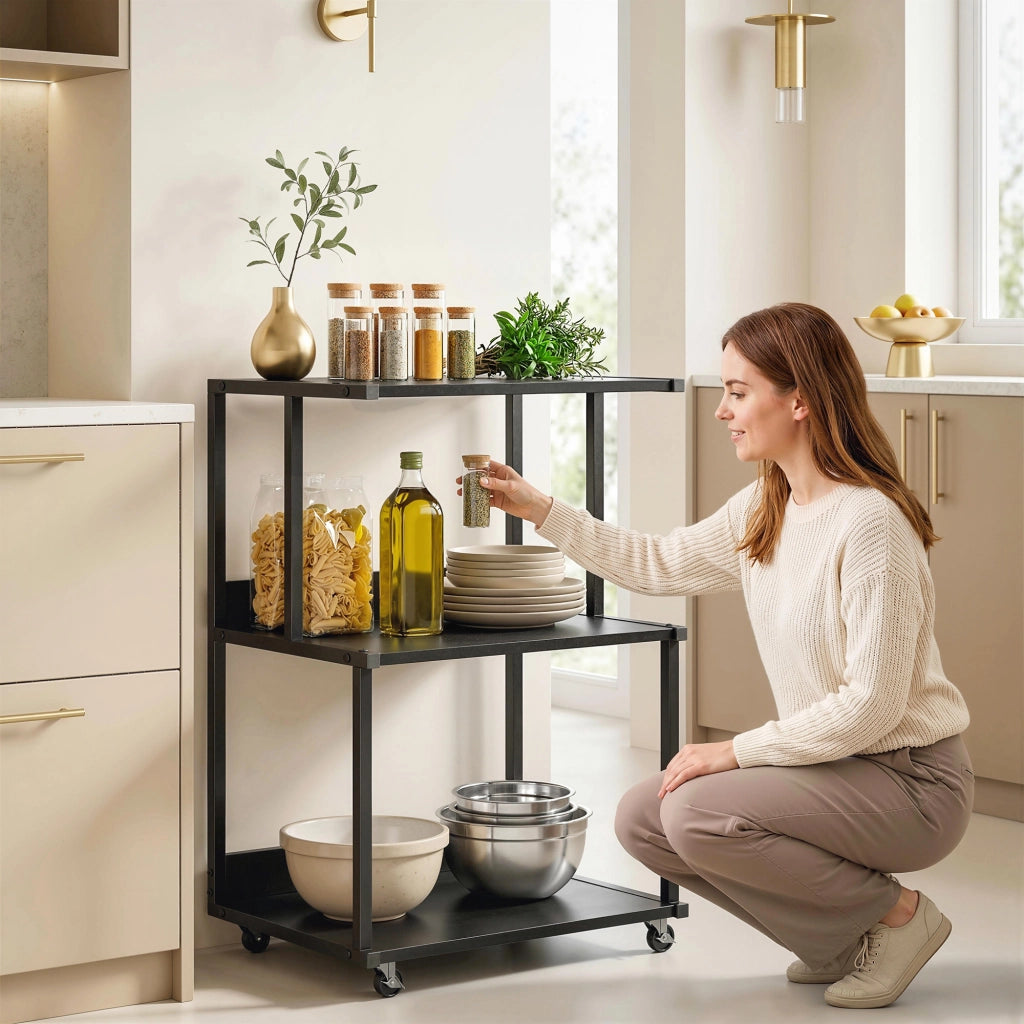 Mobile Supporto Stampante 3 livelli 50x40x75 cm con Ruote e Ripiani in Metallo Nero