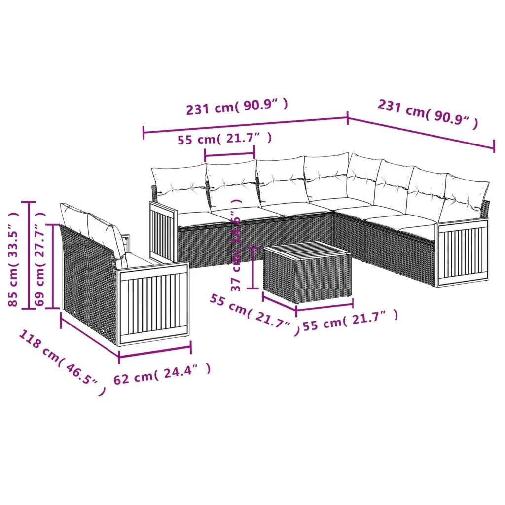 Set Divani da Giardino 10pz con Cuscini in Polyrattan Nero 3227785