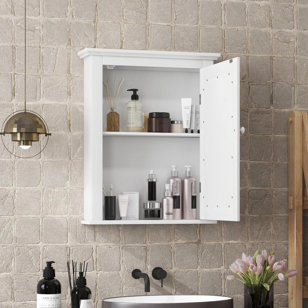 Armadietto Armadio a Specchio da Bagno, Arredo Specchio a Parete Mobiletto da Muro in Legno, Ripiani Regolabili, 56x14x69 cm (Bianco)