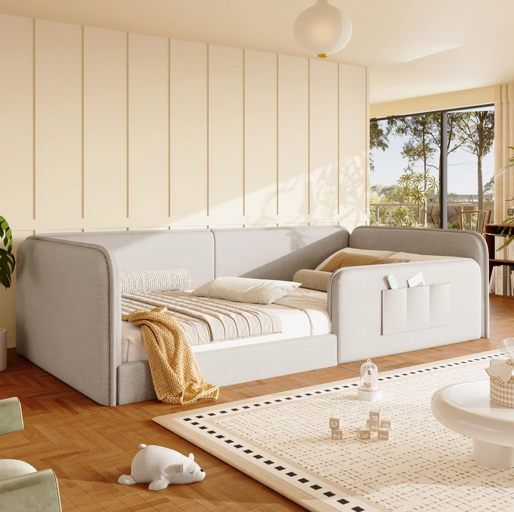 Letto a piattaforma 90x200 cm con tasche portaoggetti e struttura imbottita in lino beige