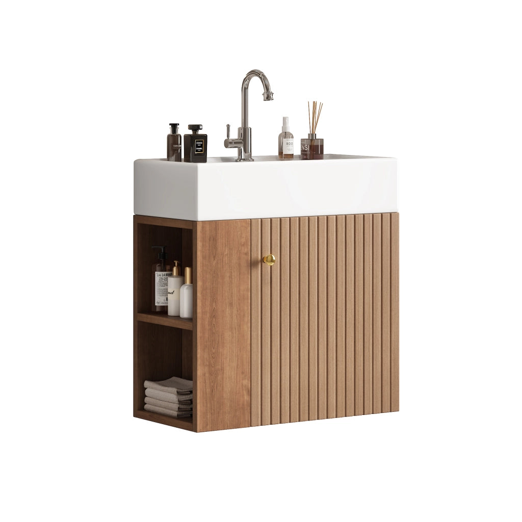 Armadietto da bagno con lavabo, ripiani laterali e chiusura ammortizzata, per bagno piccolo, marrone 69 × 52 × 32 cm