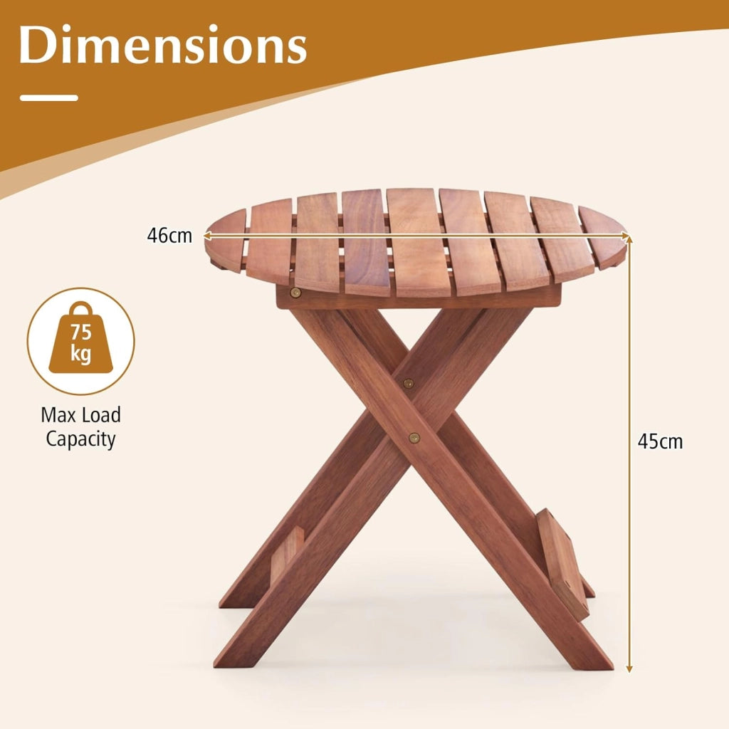 Tavolino in legno di acacia con piano rotondo, punta del divano robusta con gambe incrociate a forma di X, adatto per soggiorno, camera da letto, balcone, esterno, naturale (46 x 45)
