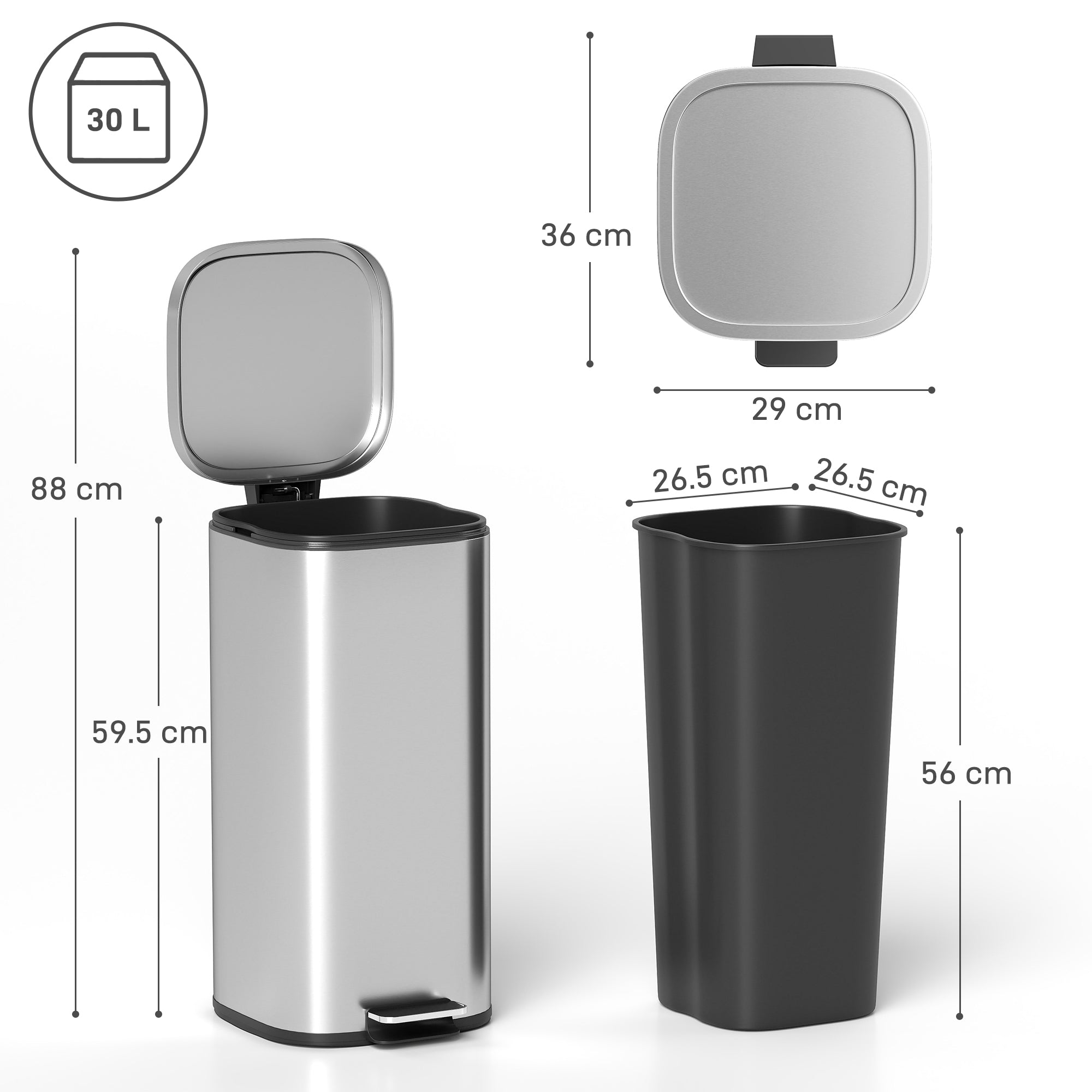 Pattumiera a Pedale 29x36x59,5 cm da 30L con Secchio Rimovibile in Metallo e PP Argento