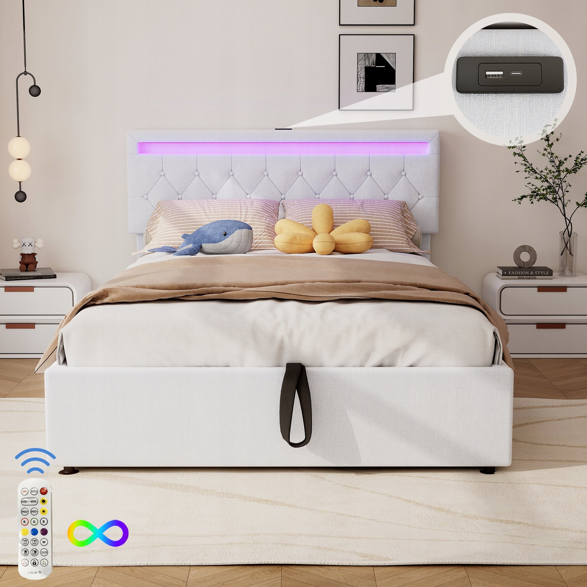 Letto singolo 140x200 - Xylo - Bianco con USB-C e RGB