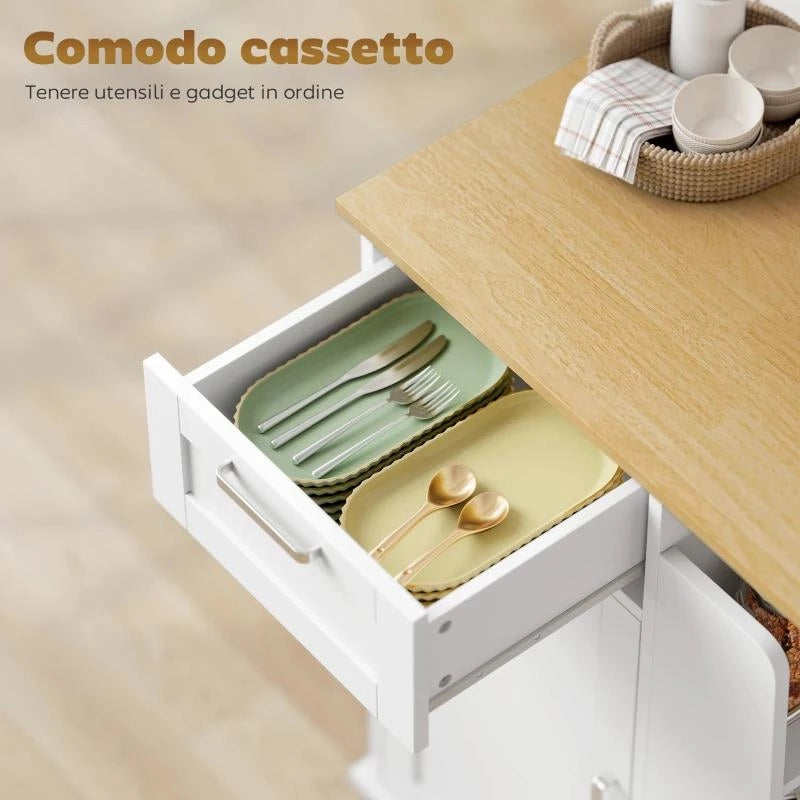 CARRELLO DA CUCINA CON CASSETTO, ARMADIETTO, PORTASCIUGAMANI E 3 PORTASPEZIE, IN LEGNO, 62X40X87 CM, BIANCO